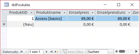 Währungsfeld in der Datenblattansicht