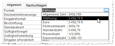 Neben Währung gibt es noch das Format Euro.