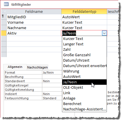 Anlegen eines Ja/Nein-Feldes