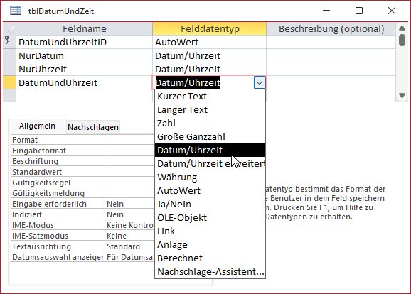 Festlegen des Datentyps Datum/Uhrzeit für ein Feld