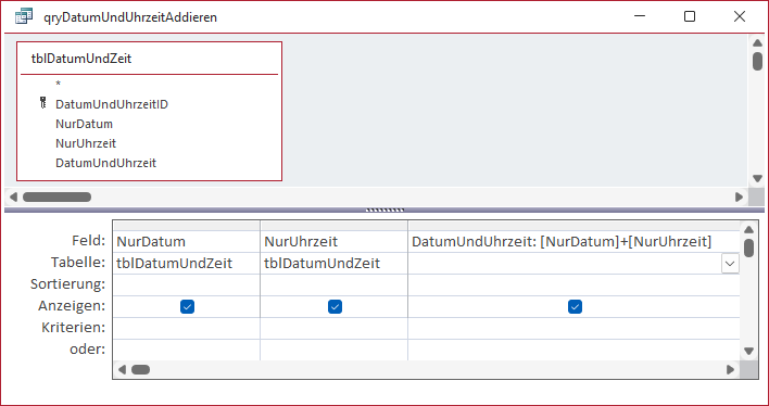 Addieren von Datum und Uhrzeit in einer Abfrage (Entwurfsansicht)