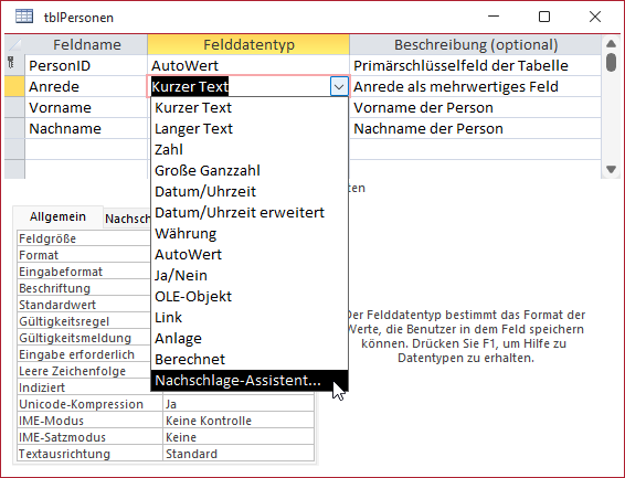 Die Tabelle tblPersonen
