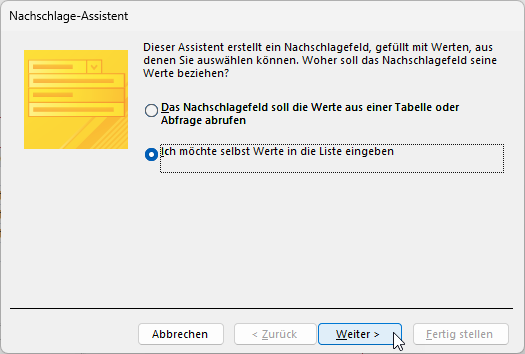 Erster Schritt des Nachschlage-Assistenten