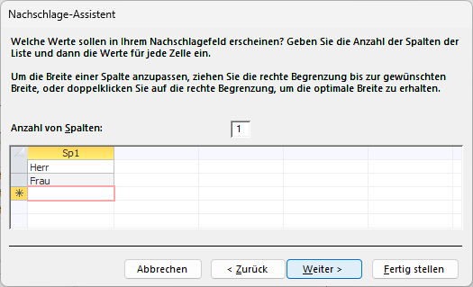 Eingeben der gewünschten Werte