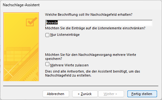 Letzter Schritt im Nachschlage-Assistent