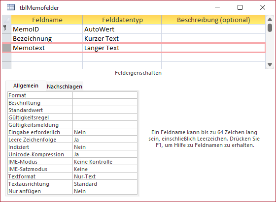 Ein Memofeld mit seinen Eigenschaften