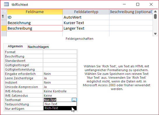 Die Eigenschaft Textformat in der Entwurfsansicht