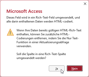 Access warnt beim Aktivieren des Rich-Text-Formats
