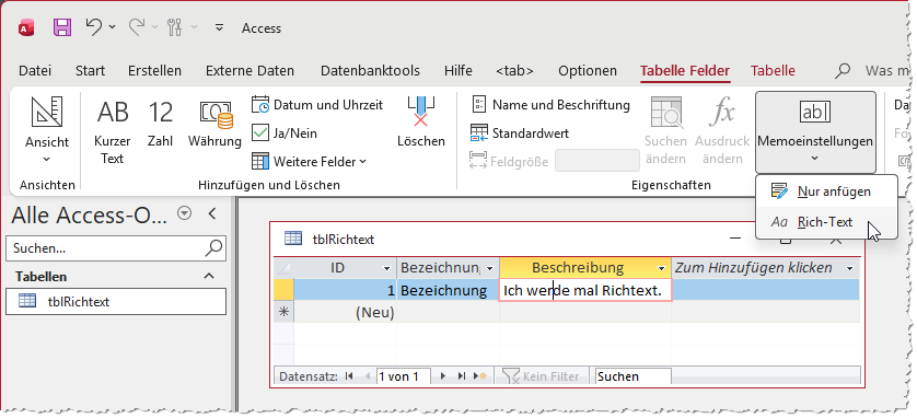 Richtext ist auch über die Datenblattansicht aktivierbar