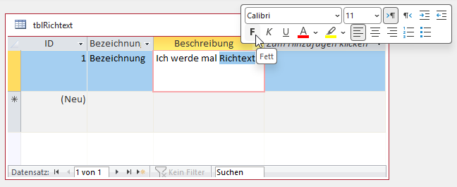 Die schwebende Formatierungsleiste