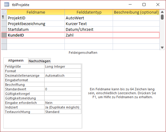 Erweiterung der Tabelle um ein Fremdschlüsselfeld
