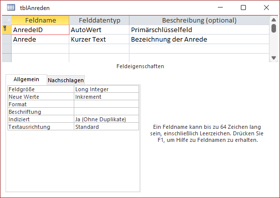 Entwurf der Tabelle tblAnreden