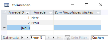 Die Tabelle tblAnreden mit Beispieldaten