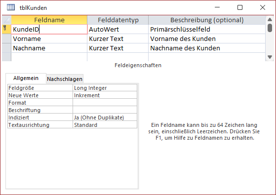 Die Tabelle tblKunden in der Entwurfsansicht