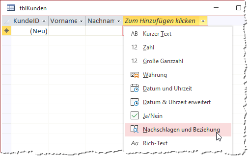 Starten des Nachschlage-Assistenten über die Datenblattansicht