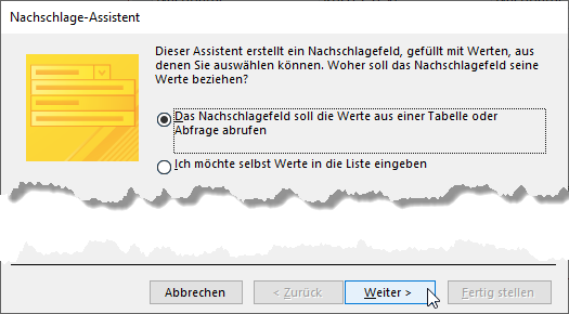 Erster Schritt im Nachschlage-Assistent