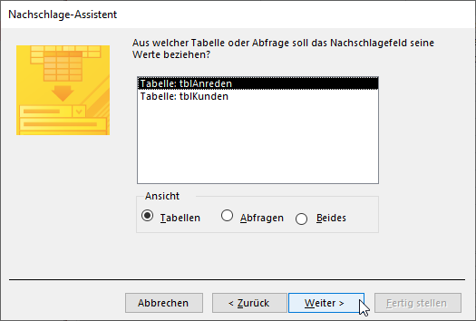 Auswahl einer Tabelle als Datensatzherkunft