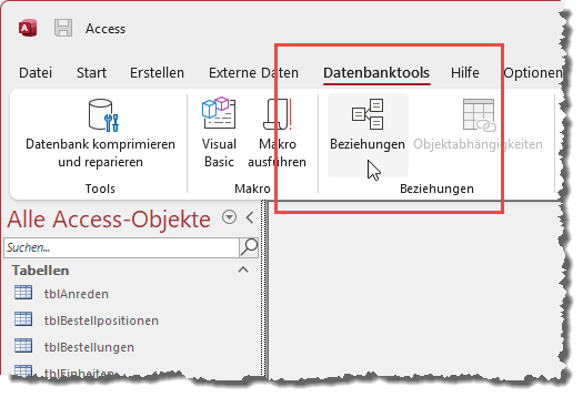 Einblenden des Beziehungen-Fensters