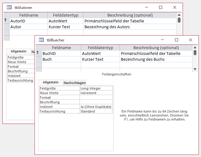 Tabellen zum Speichern von Autoren und Büchern in der Entwurfsansicht