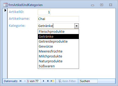 Kombinationsfeldeinträge auswählen