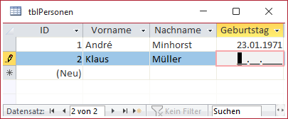 Datumsfeld mit Eingabeformat