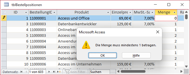 Die Gültigkeitsregel funktioniert.