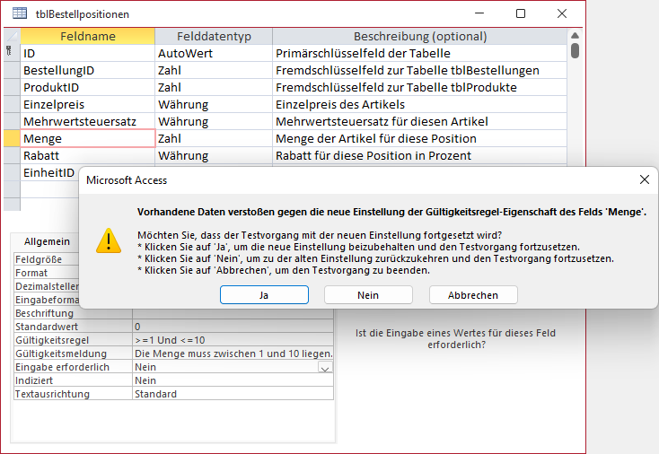Meldung, wenn bei einer Änderung die Feldwerte nicht mehr gültig wären