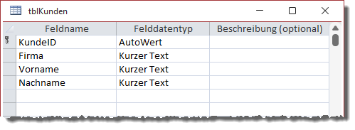 Entwurf der Tabelle tblKunden
