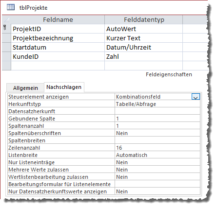 Eigenschaften eines frisch angelegten Nachschlagfeldes