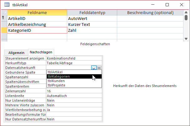 Auswählen der Datensatzherkunft