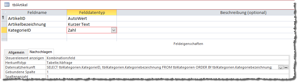 Die neue Datensatzherkunft des Nachschlagefeldes