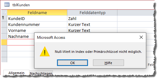 Hinzufügen eines zusätzlichen Feldes als Primärschlüsselfeld