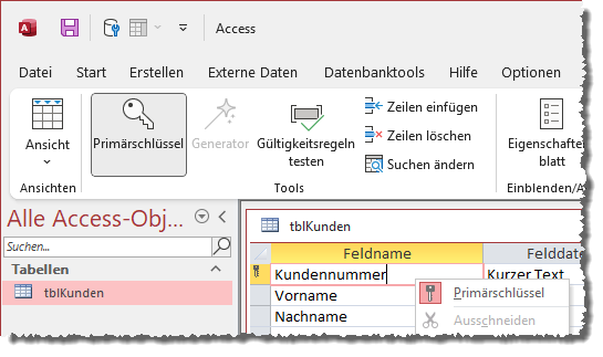 Merkmale für das Vorhandensein des Primärschlüssels