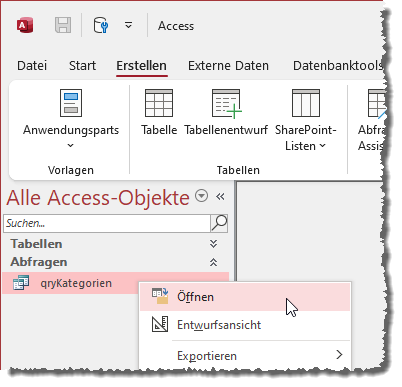 Öffnen einer Abfrage per Kontextmenü aus dem Navigationsbereich heraus