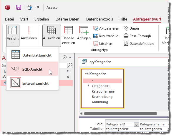 Wechseln zur SQL-Ansicht einer Abfrage über einen Ribbon-Befehl