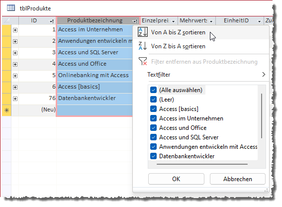Sortieren in Tabellen