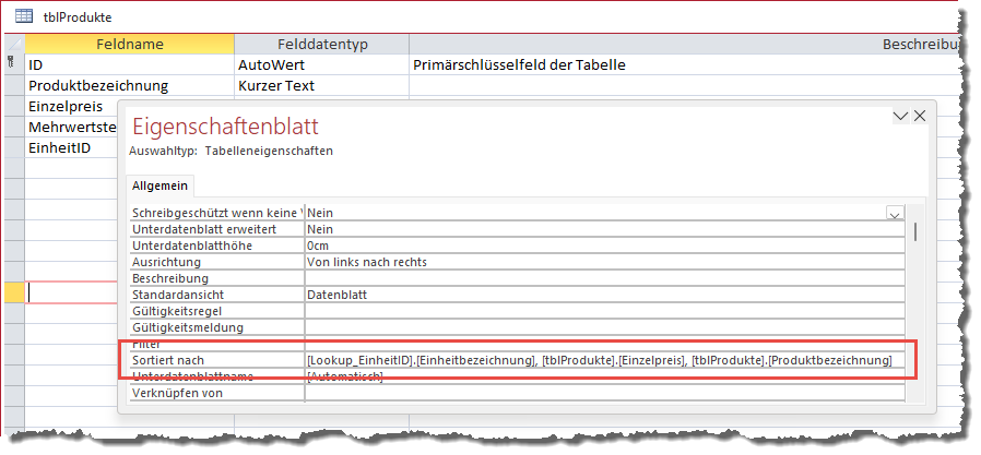 Sortierung in der Entwurfsansicht einer Tabelle
