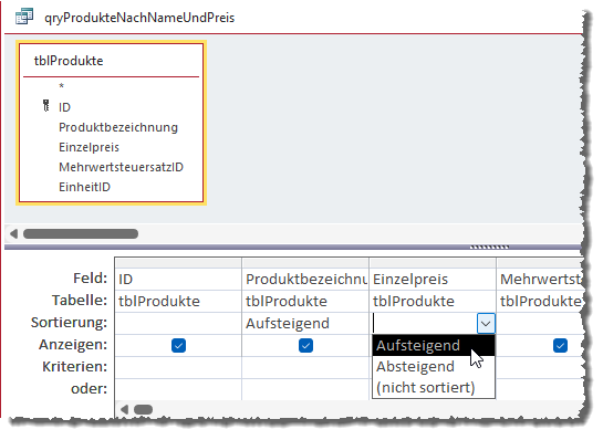 Sortierungen im Abfrageentwurf