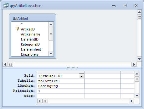 Entwurfsansicht einer Abfrage zum Löschen des Artikels mit dem Wert 1 im Feld ArtikelID.