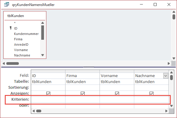Die Kriterien-Zeile im Abfrageentwurf