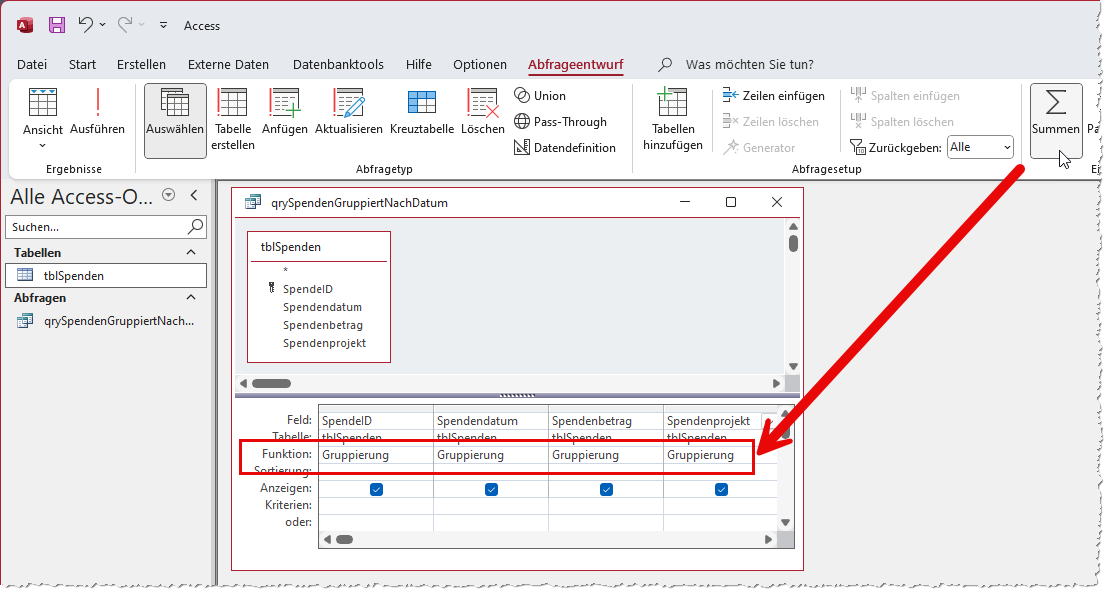 Einblenden der Zeile Funktion mit dem Wert Gruppierung