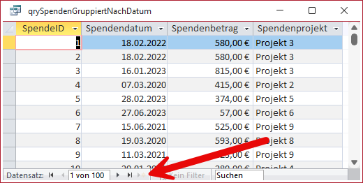 Die Datensätze einer gruppierten Abfrage können weder bearbeitet werden noch können wir neue Datensätze hinzufügen.