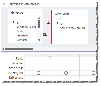 Verknüpfung zwischen zwei in Beziehung stehenden Tabellen im Abfrageentwurf