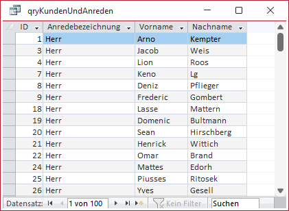Ausgabe der Daten zweier verknüpfter Tabellen in der Datenblattansicht