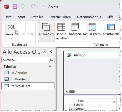 Wechseln zur SQL-Ansicht einer Abfrage