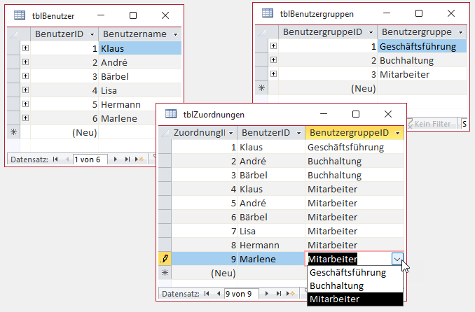 Daten in den drei Tabellen zur Benutzerverwaltung