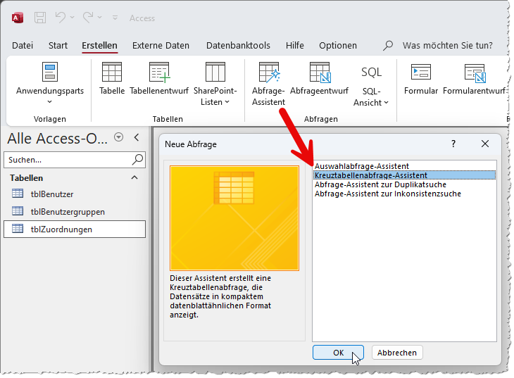 Start des Kreuztabellen-Assistenten