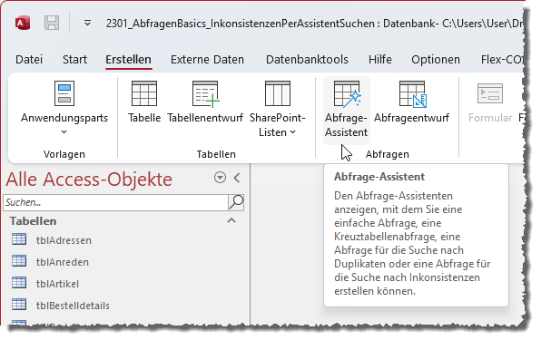 Aufrufen des Dialogs Neue Abfrage