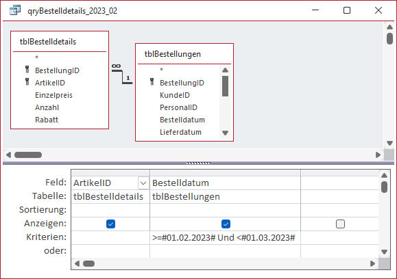 Abfrage für die Bestelldetails aus Februar 2023