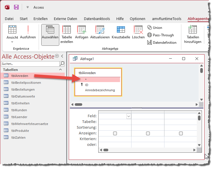 Abfrage-Entwurfsansicht mit einer bereits hinzugefügten Tabelle
